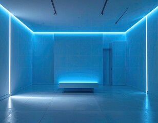 Modern blue-lit gallery space with a minimalist aesthetic and clean lines