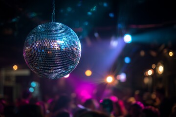 Brightly illuminated disco ball hanging over a blurred crowd enjoying a vibrant nightlife scene, concept for event promotion, music festivals and party invitations