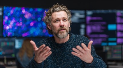 Middle-aged CTO explaining complex data with hand gestures in a control room with glowing screens, concept for leadership discussion, technological innovation and corporate strategy meeting