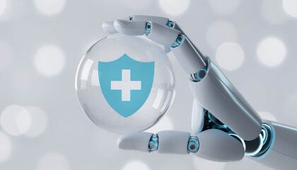 Robotic arm carefully holding a protective clear sphere containing a medical shield and cross symbolizing digital health insurance security
