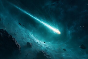 Brilliant comet trails across a nebula filled with cyan cosmic dust and scattered asteroids, concept for epic space cinema, future gaming assets and deep astronomy