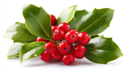 A vibrant holly branch featuring glossy green leaves and bright red berries, often associated with festive decorations and winter celebrations.