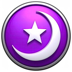 A shiny purple circular badge with a crescent moon and star in it