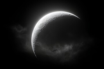 Detailed monochrome crescent moon shining brightly through dark clouds in deep space, concept for space exploration posters, science presentations and abstract astronomy graphics