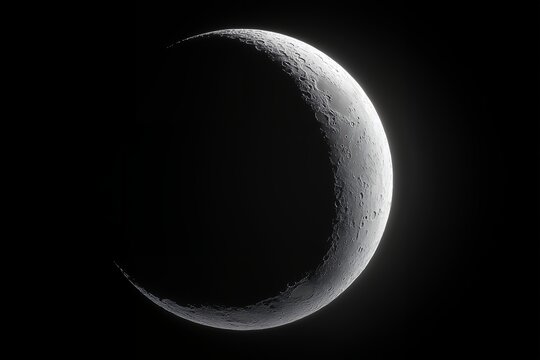 Detailed close-up shot of the stunning crescent moon showing deep craters and bright edge against the black night sky, concept for space exploration, scientific research and astronomical documentary - Powered by Adobe