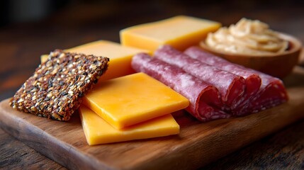 Rustic wooden board with sliced cheese rolled salami seeded cracker and creamy spread