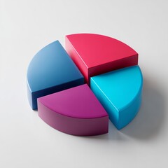 Obraz premium 3D render of a glossy, colorful pie chart divided into four distinct segments on a clean white background, concept for data analysis, financial reporting and market segmentation