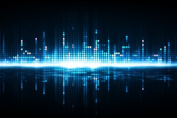 Abstract blue digital equalizer background with reflective glowing squares forming vertical sound spectrum bars, concept for audio processing, futuristic technology and big data visualization
