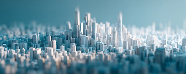 Futuristic 3D rendered miniature cityscape featuring white and light blue skyscrapers with heavy selective focus, concept for urban planning, smart city infrastructure and real estate development