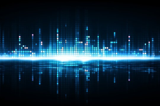 Abstract blue digital equalizer background with reflective glowing squares forming vertical sound spectrum bars, concept for audio processing, futuristic technology and big data visualization - Powered by Adobe