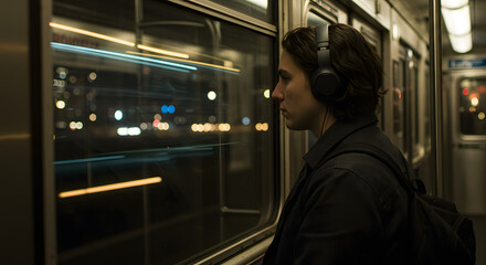 Thoughtful Young Man with Headphones Looking Out Window of Night Train with City Lights