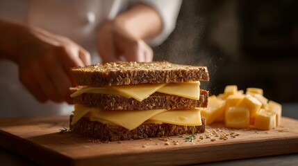 Stacked cheese sandwich with layers of yellow cheese and dark grainy bread on a wooden board with a steamy effect