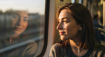 Young Woman Looking Out Train Window During Golden Hour Sunset with Window Reflection