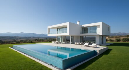 Fototapeta premium Modern white villa with infinity pool overlooking a scenic mountain landscape