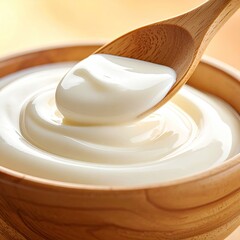 Creamy, white dairy food in a wooden bowl with a spoon, close-up shot