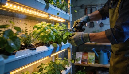Gardener Harvesting Fresh Green Basil From Indoor Hydroponic Vertical Farm Garden With LED Grow Lights