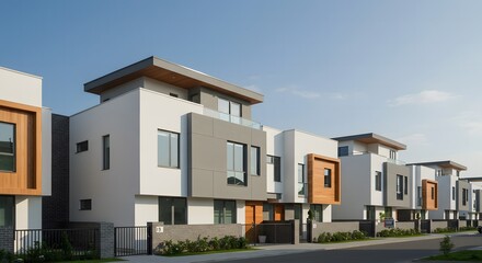 Obraz premium Modern townhouses with clean lines and geometric designs in a residential area
