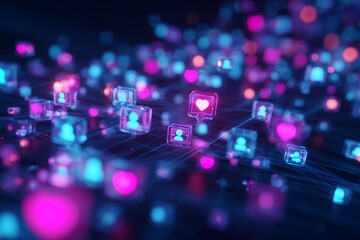 Glowing neon social media icons connected digitally in a dark cyberspace environment, concept for viral marketing strategy, data flow representation and connectivity visualization