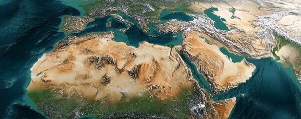 Detailed 3D satellite map view of the Middle East, North Africa, Mediterranean and Red Sea regions, concept for global warming analysis, geopolitical strategy and scientific visualization