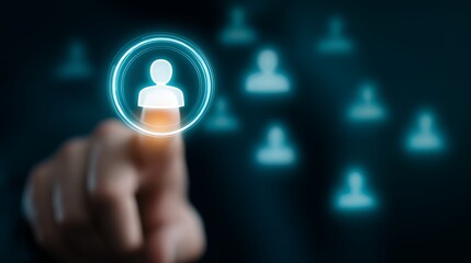 Finger selecting glowing user profile icon on a dark virtual networking interface, concept for business recruitment, digital connection and target audience identification