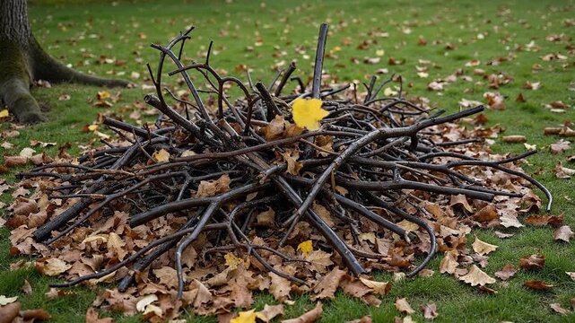 A pile of twigs and autumn leaves on a green lawn.