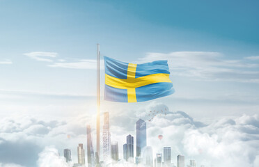 Sweden national flag waving in sky with modern building skyline. Sweden national flag for independence day.