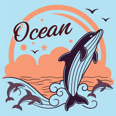 Obraz premium Playful dolphins and whale jumping in vibrant ocean scene illustration