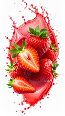 Fresh Strawberry With Red Juice Splash Isolated On White