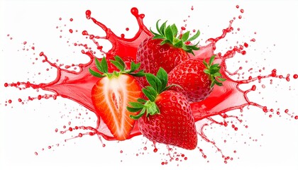 Fresh Strawberry With Red Juice Splash Isolated On White