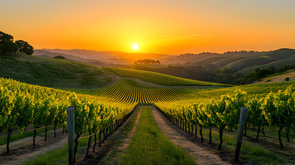 Naklejka premium A serene vineyard landscape at sunset with rolling hills and lush green grapevines