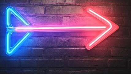 A bright neon arrow pointing right against a textured brick wall.