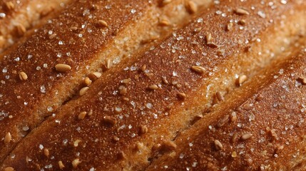 Close up ro view of a sliced multigrain bread loaf with visible seeds and sugar crystals on its texture