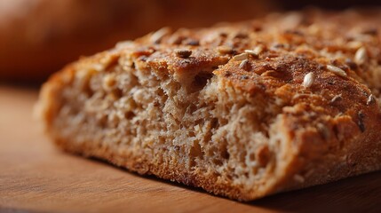Rustic whole grain bread slice with visible seeds and textured crumb on a wooden board