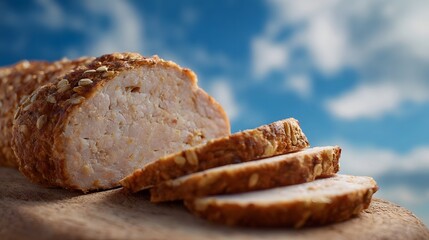A freshly baked loaf of nutritious grain bread sliced and presented on a rustic wooden board with a blurred sky backdrop