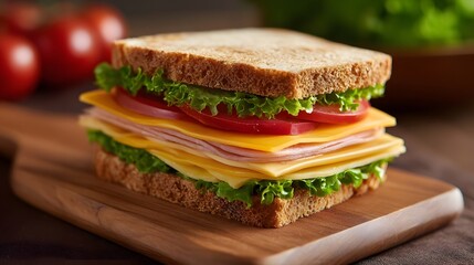 A fresh and delicious multilayered sandwich with ham cheese lettuce and tomato on whole wheat bread served on a wooden cutting board