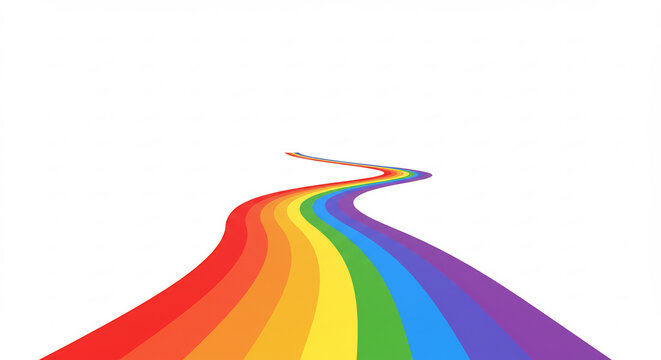 Vibrant rainbow colored road curves dramatically creating a cheerful abstract visual path against a white background. AI Generated