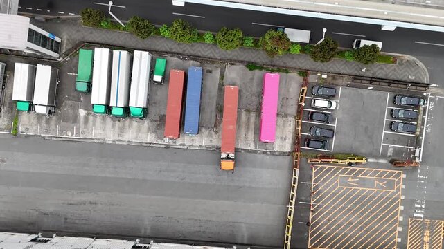 Top-Down View of Truck Parking in Tokyo Bay Area Industrial Zone
