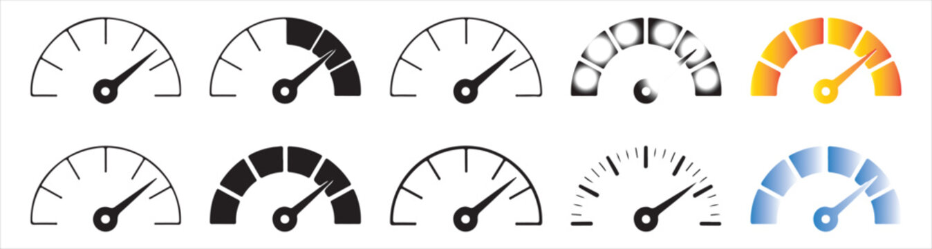 Set of ten speedometer and gauge icons for measuring speed performance and level indication