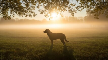 Silhouette of a Dog in a Misty Field Under a Large Tree at Sunrise