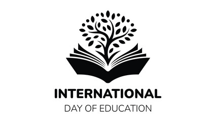 International day of education minimal logo design with open book and tree symbol representing learning knowledge growth and global education concept