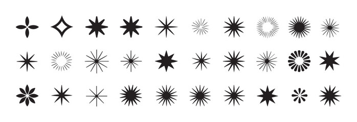 Collection of various stylized star icons in solid fill and outline for decorative purposes and symbols