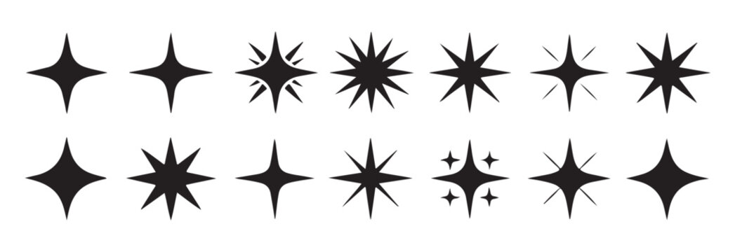 simple star and sparkle icons, four pointed stars and burst shapes, shining decorative elements, abstract graphic symbols