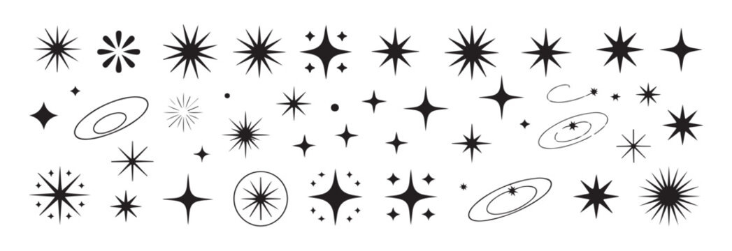Abstract celestial star elements vector mixed set, cosmic orbital icons and various sparkle light effects