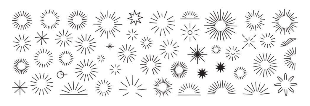 Assortment of decorative starburst and rising sun emblems in black outline perfect for embellishment