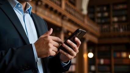 Man in a suit actively uses his smartphone in a classic wooden library setting.
