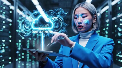 Asian woman interacting with holographic edge computing interface in a modern data center server room, 4k - Powered by Adobe