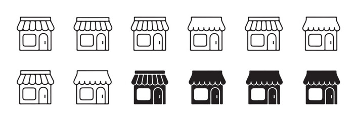 Fototapeta premium Retail store outline and solid icon pack featuring small shops with striped awning canopy roof designs