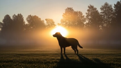 Silhouette of a Dog in a Misty Field at Sunrise