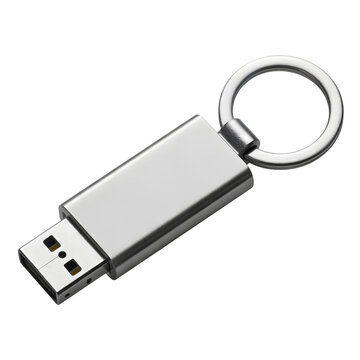 A sleek silver USB flash drive with a keyring attachment for convenient portability.