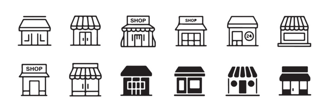 Assortment of shop front icons in black and white outline and solid styles